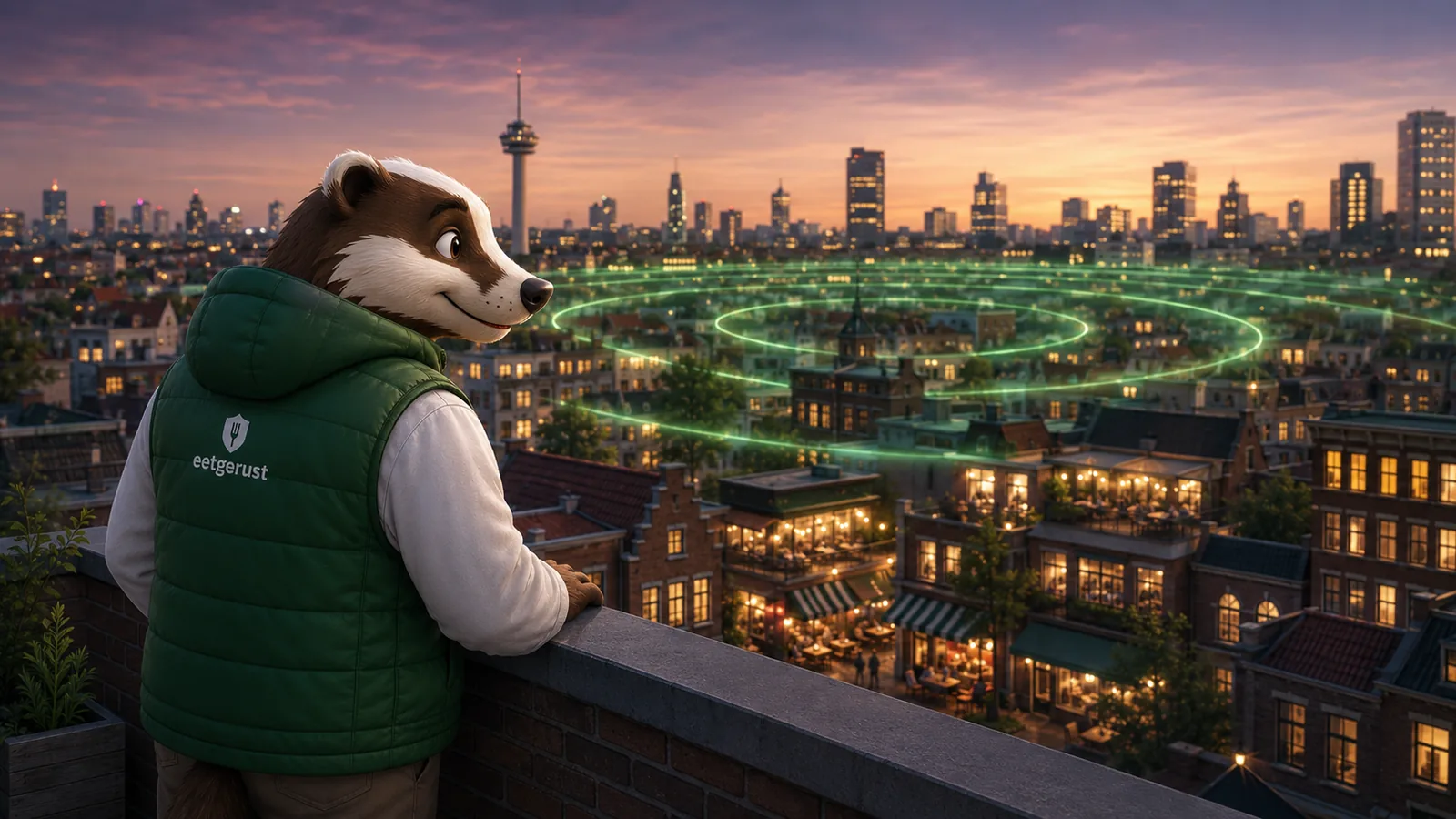 Bob de das kijkt vanaf een dak in de schemering uit over een stad met verlichte restaurants