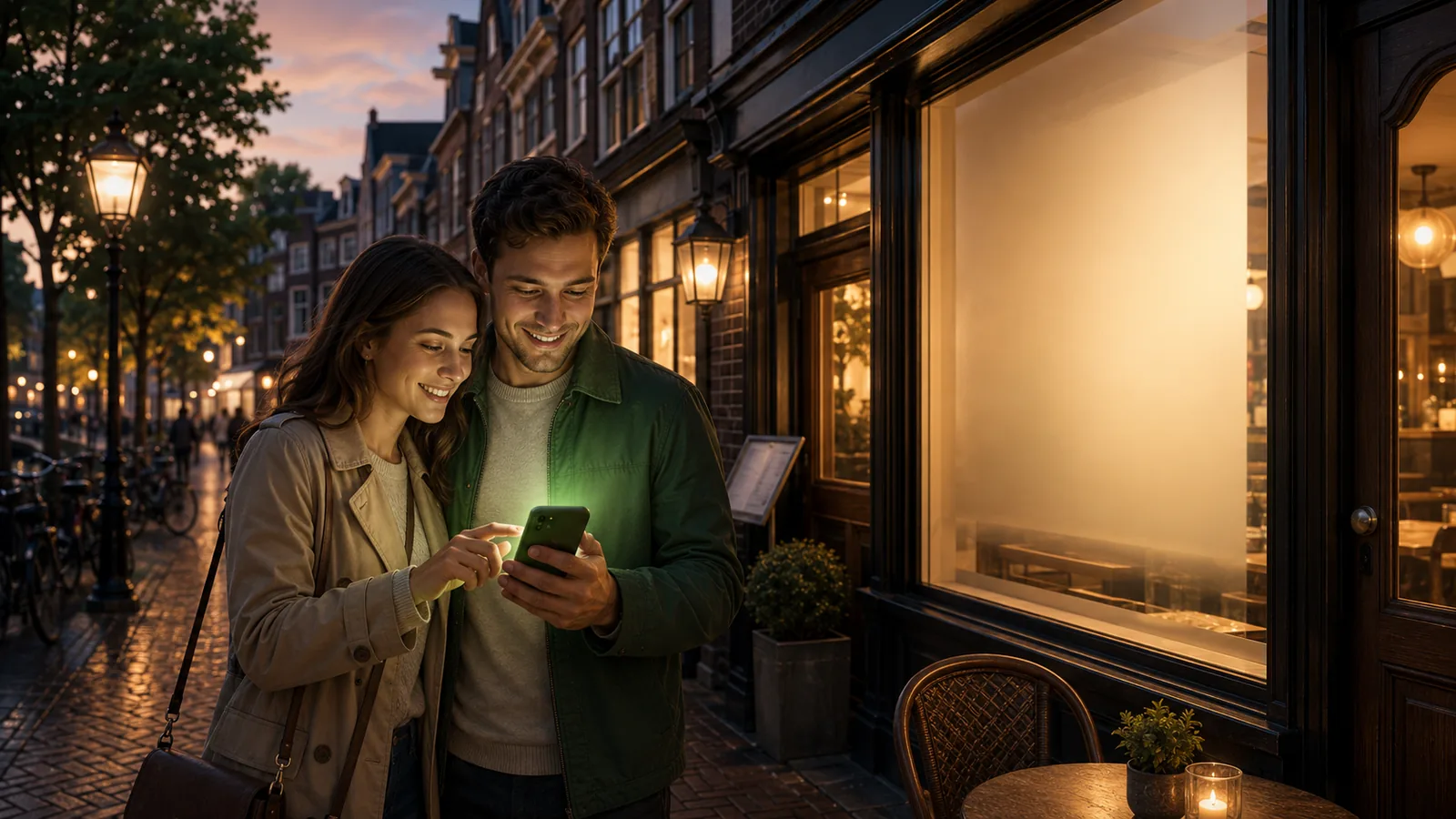 Een koppel staat voor een warm verlicht restaurant en checkt de score op de telefoon