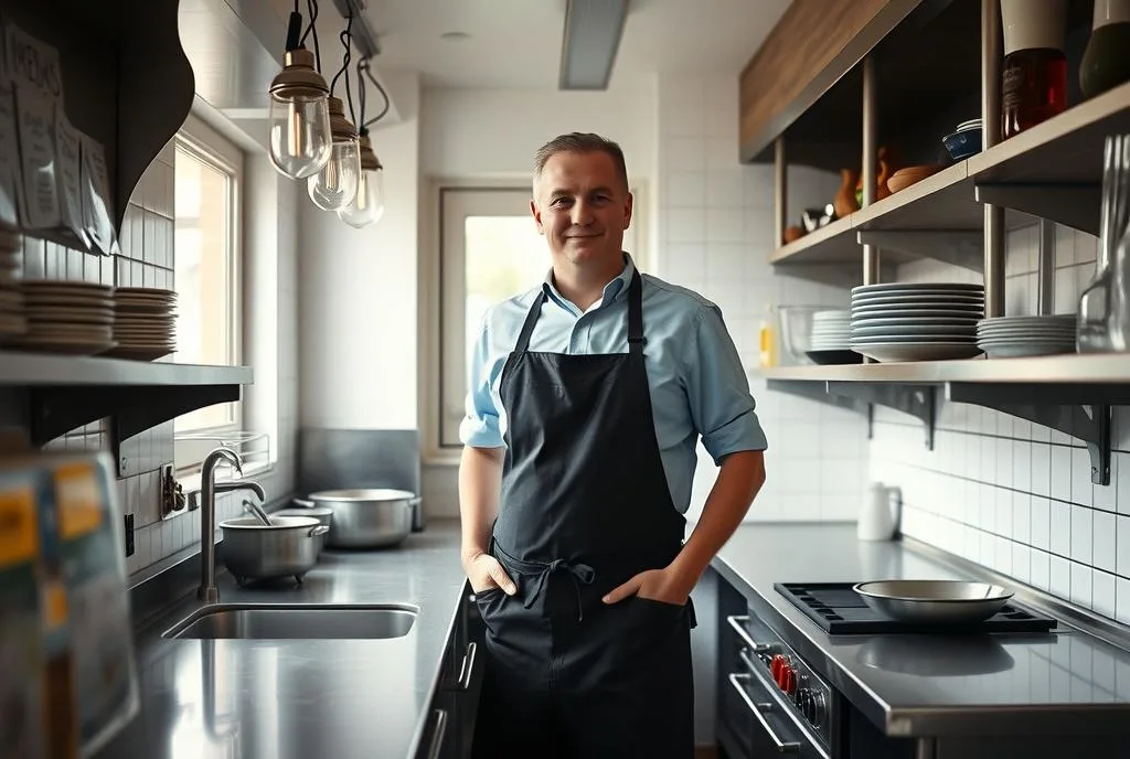 Restauranteigenaar in de eigen keuken bij daglicht